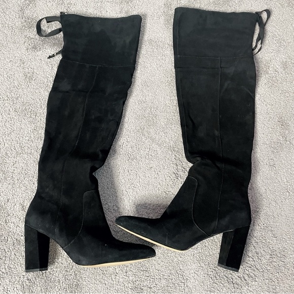 Adrienne Vittadini Black Suede Over The Knee Boots Pointed Toe Silver Studs 9.5 - Picture 1 of 11